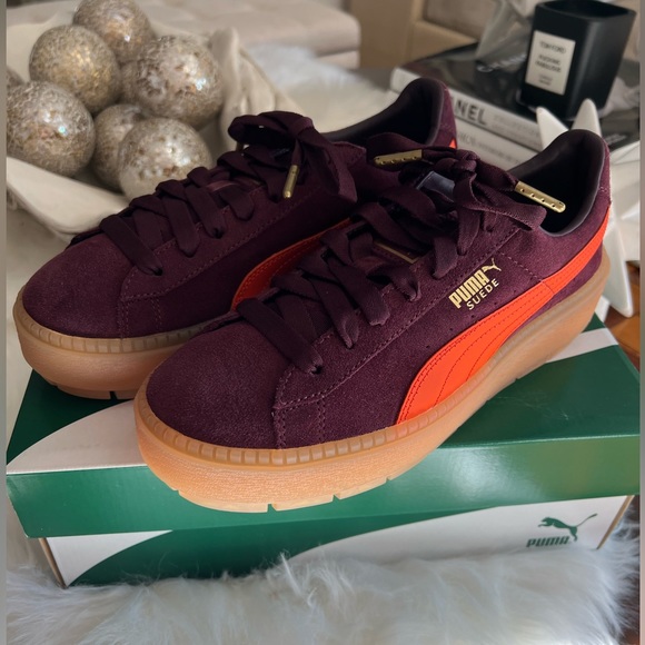 Puma Suede Athletic Shoes - Burgundy and Orange - Picture 5 of 6